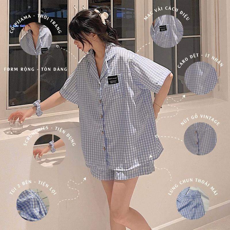 Bộ đùi pyjama kẻ xốp cổ vét.