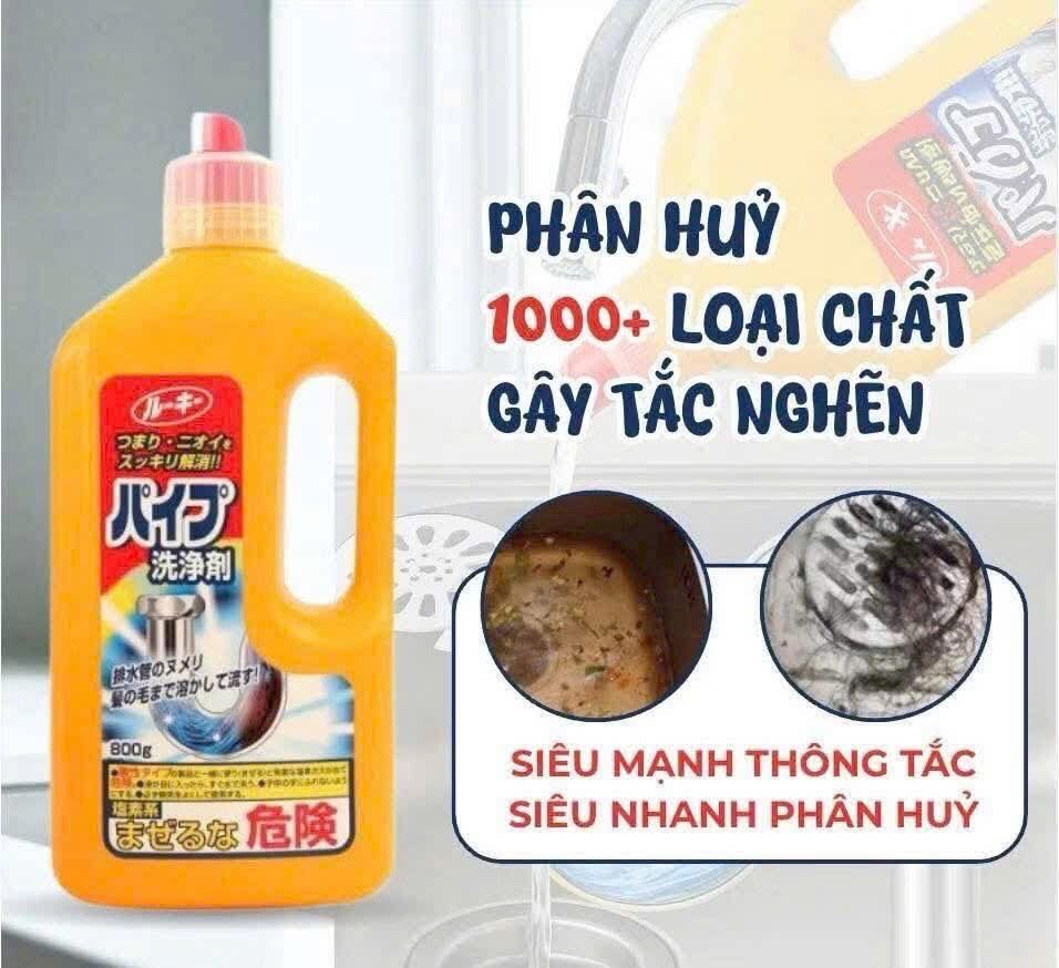 Dung dịch tẩy rửa 800g hiệu quả phân hủy 1000+ loại chất gây tắc nghẽn, sử dụng cho bồn rửa và đường ống thoát nước.