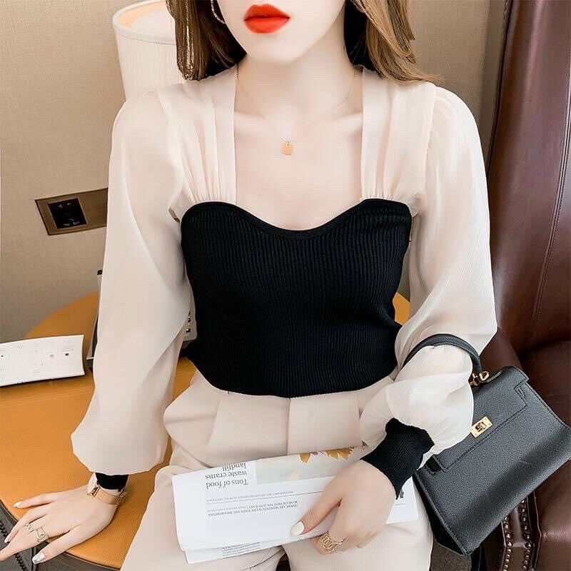 Áo kiểu áo thun gân phối voan from dưới 47kg