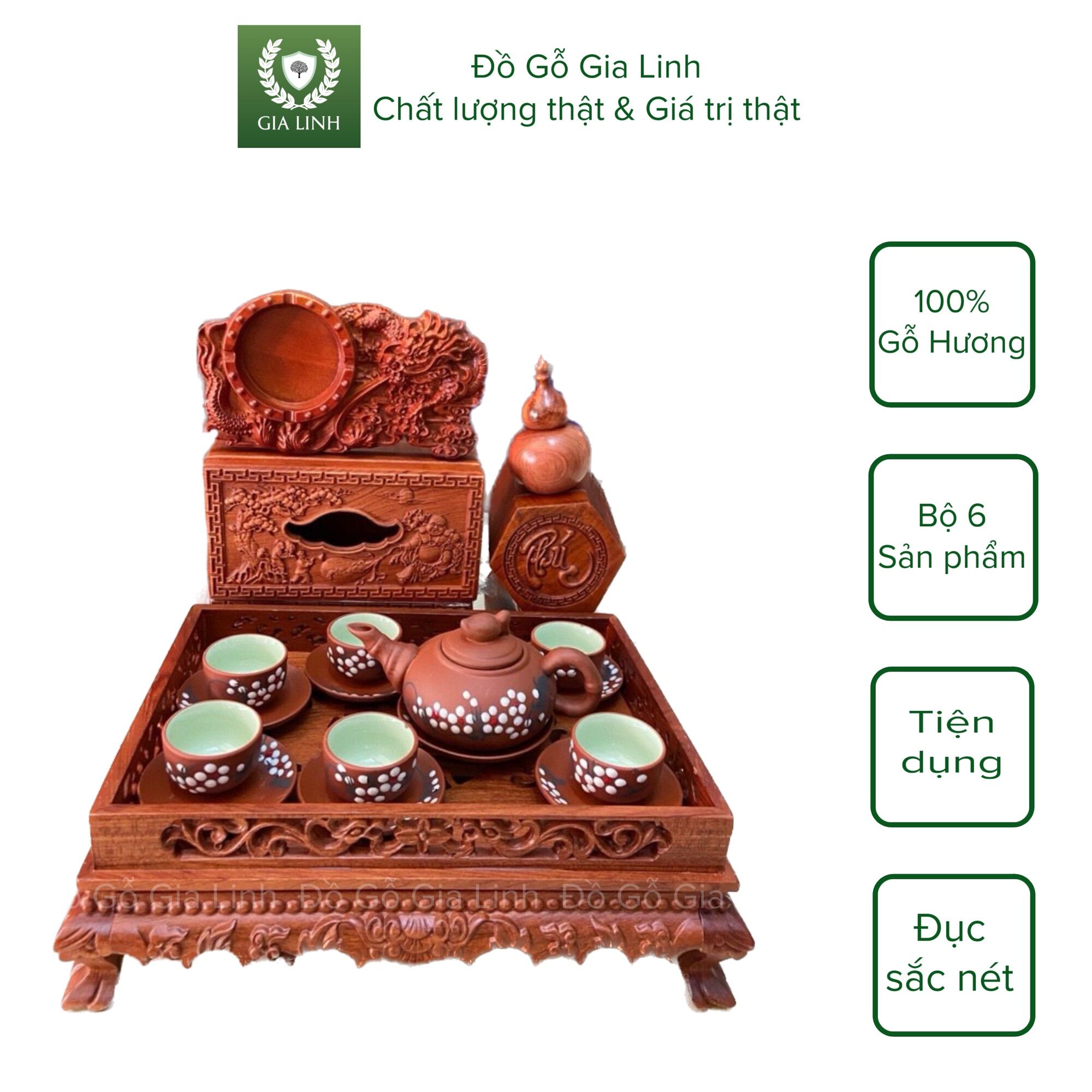 Bộ 6 sản phẩm Đồ Gỗ Gia Linh gỗ Hương đá khay trà Rồng chau