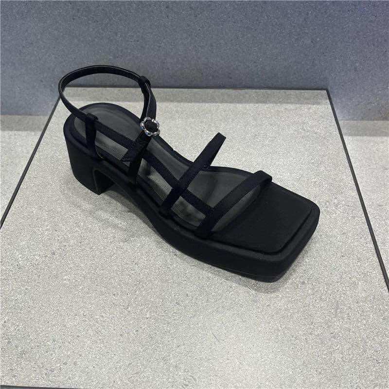 Sandal CK Dây đen gót vuông cao 5cm FULLBOX