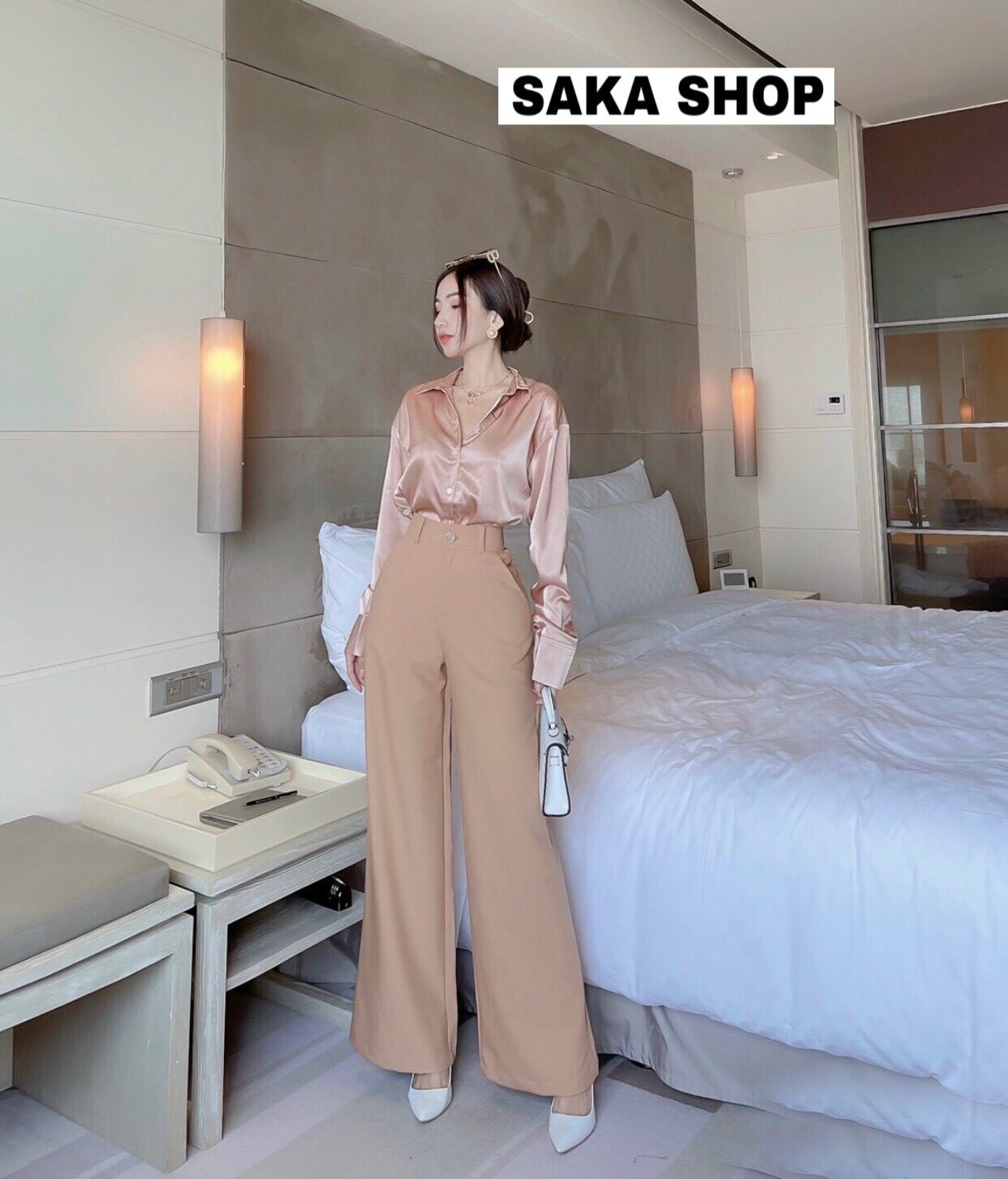 Áo sơ mi lụa nữ tay dài màu hồng nude vải cao cấp