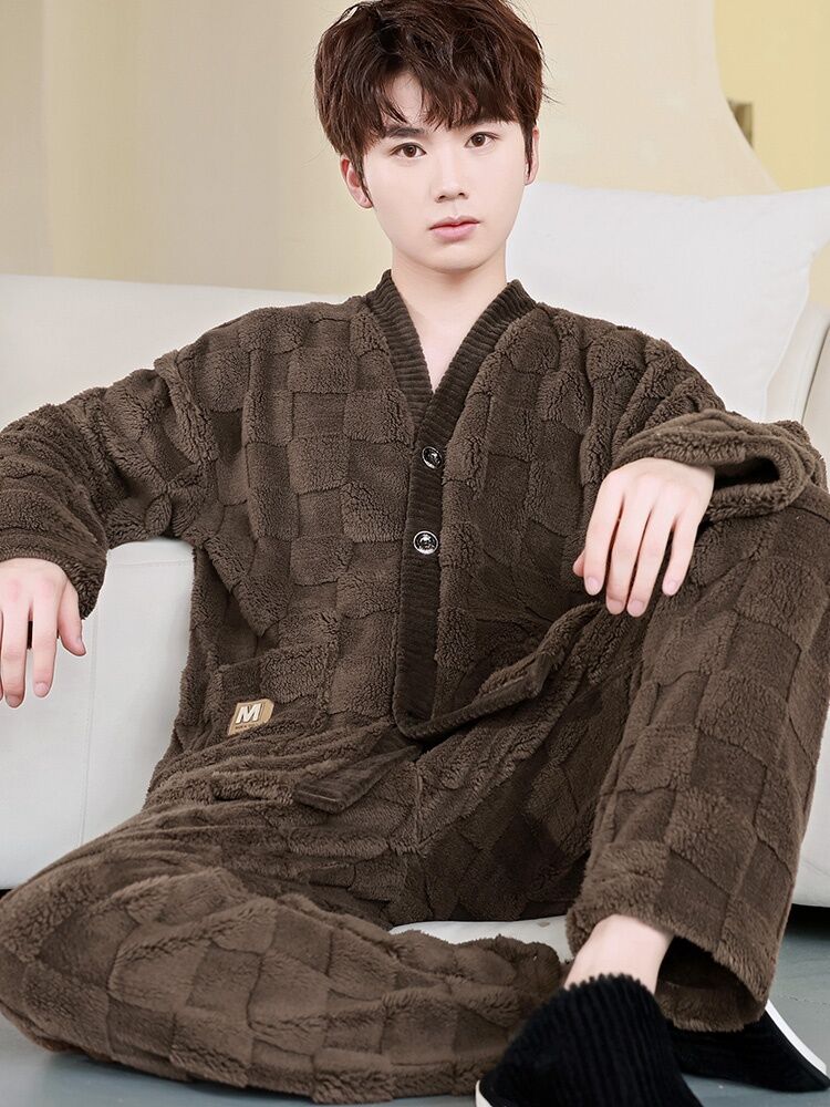 Bộ Đồ Ngủ Len Lông Cừu Coral Dày Dặn Mùa Xuân Thu Đông Cho Nam Bộ Đồ Ngủ Dài Tay Thoải Mái Giản Dị Thường Ngày