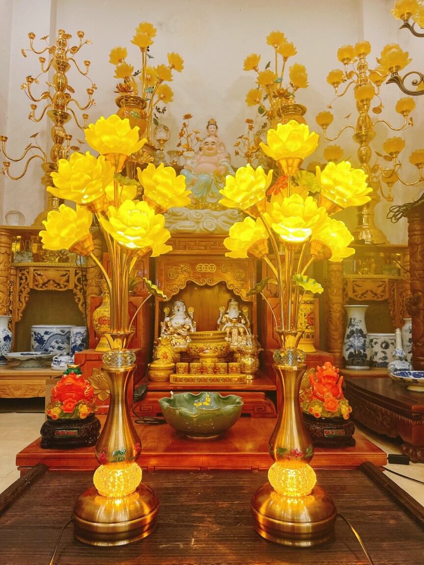 Đôi đèn thờ lưu ly 5 bông 72 cm bóng đổi màu cao cấp