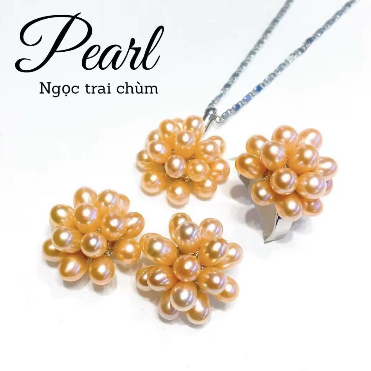 Bộ trang sức ngọc trai nuôi nước ngọt, kiểu dạng chùm, 3 món (dây chuyền + nhẫn + bông tai) như hình