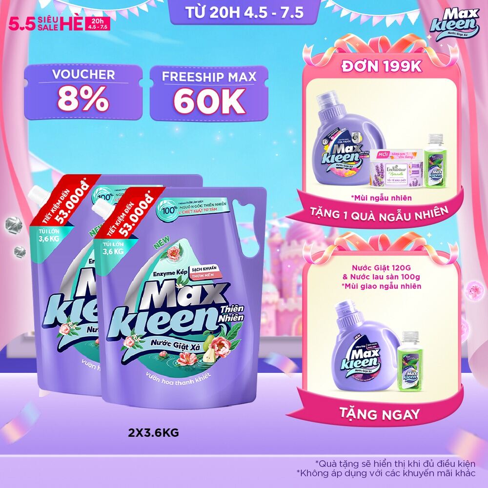 Combo 2 Túi Nước Giặt Xả MaxKleen Hương Huyền Diệu/ Hoa Nắng 3.8kg