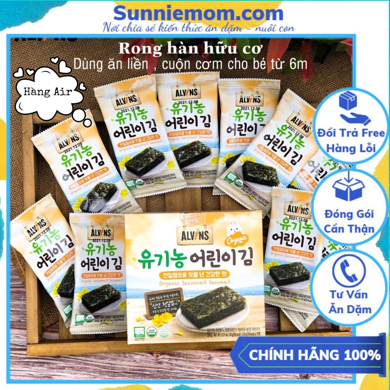 [Hộp 10 gói] Rong biển hữu cơ tách muối alvins hàn quốc ăn liền cho bé