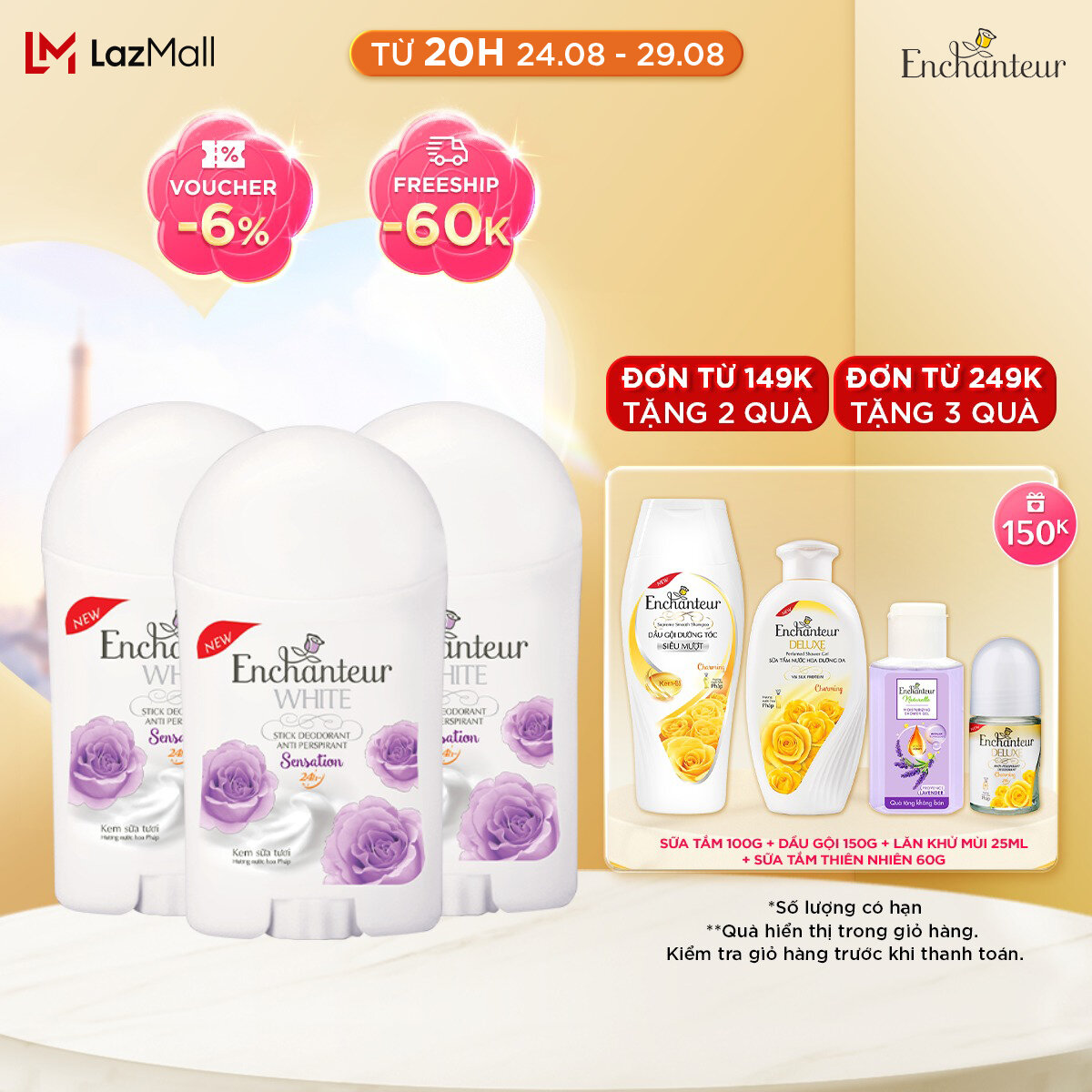 Combo 3 Sáp Khử Mùi Trắng Da Enchanteur Sensation 40g/chai