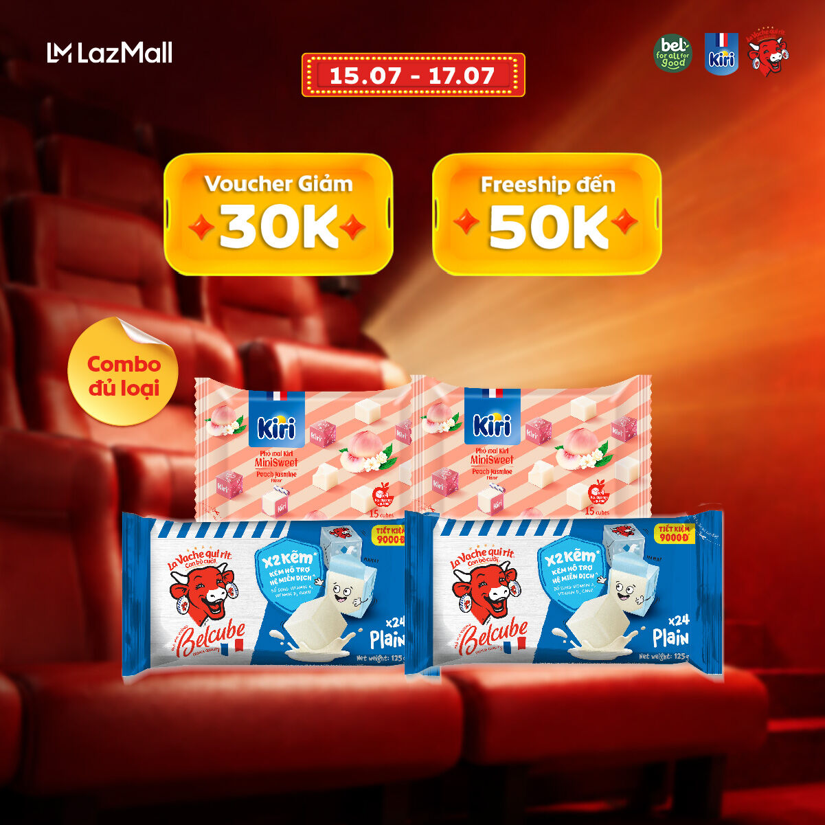 Combo 4 gồm 2 phô mai Belcube 24C 125g và 2 phô mai Kiri vị đào hoa nhài 78g