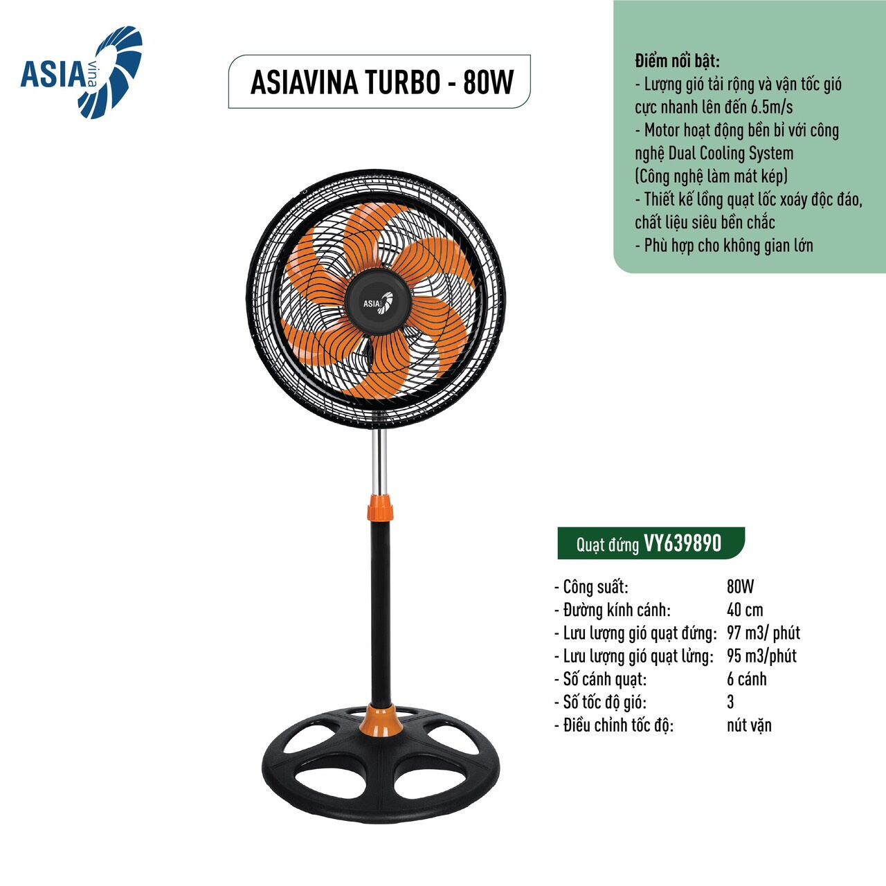 Quạt đứng TURBO PLUS Asia VY639791 Xám 90W hoạt động êm