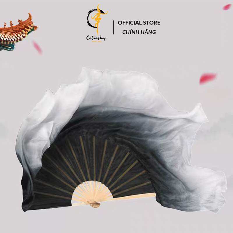 Quạt lụa dài COTRASHOP múa cổ trang lụa thường màu loang đen trắng 36/45