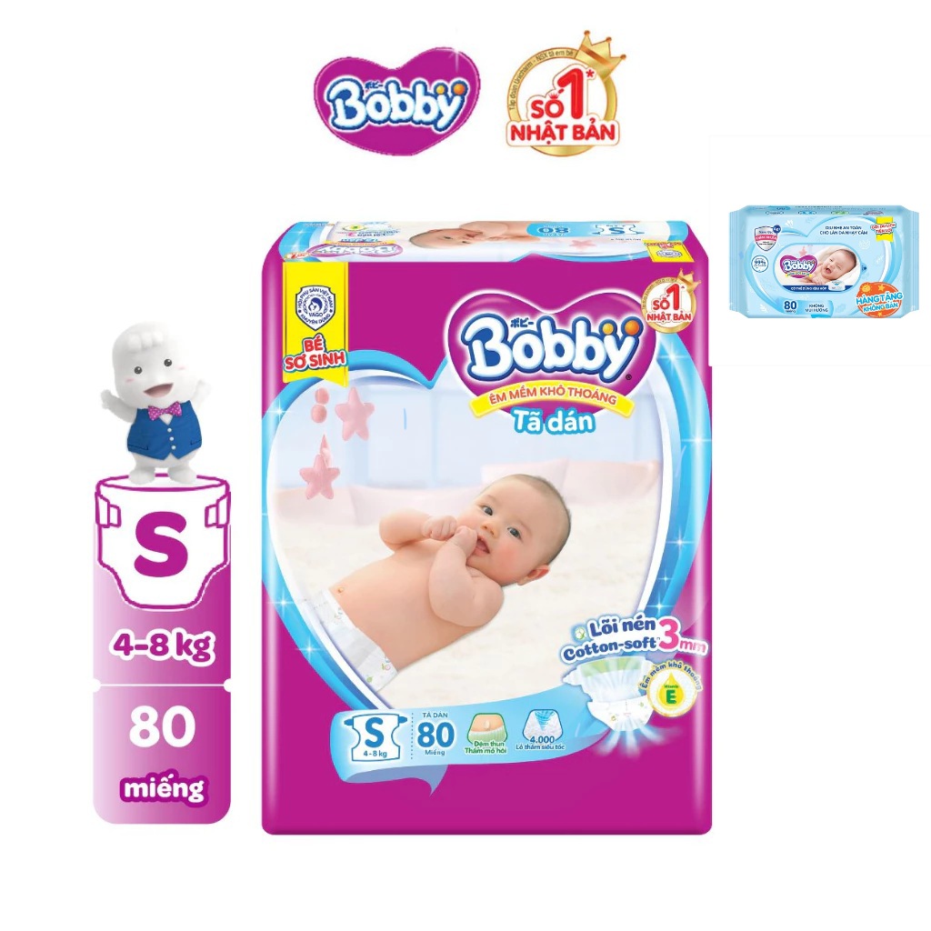 ]Tã dán Bobby size S 80 siêu khô thoáng