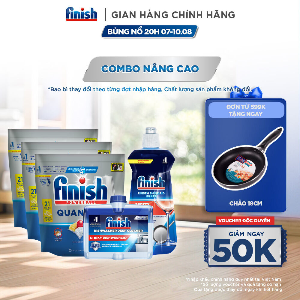 Combo Nâng Cao: 3 X Túi 21 Viên Nước Rửa Bát Powerball Quantum + Nước Làm Bóng Rinse  Shine Aid + Dung Dịch Tẩy Rửa Máy Rửa Chén Bát