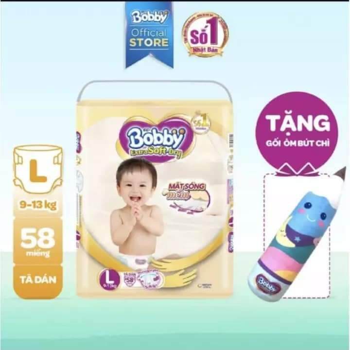 Tả bỉm dán Bobby Extra Soft Dry size L30 L58 tặng kèm gối ôm