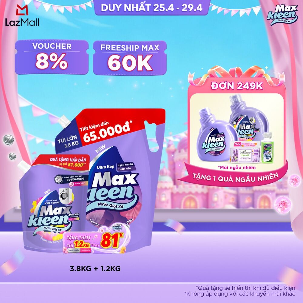 Combo 2 túi nước giặt xả cho máy giặt MaxKleen hương Hoa nắng/ Huyền diệu/ Vườn sớm mai 3.8kg