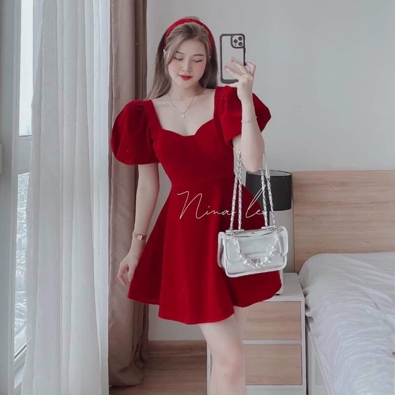 Váy đầm nữ dự tiệc dáng xòe sang chảnh chất nhung cổ vuông có mút tay bồng màu đỏ xinh tươi đi chơi noel, tết