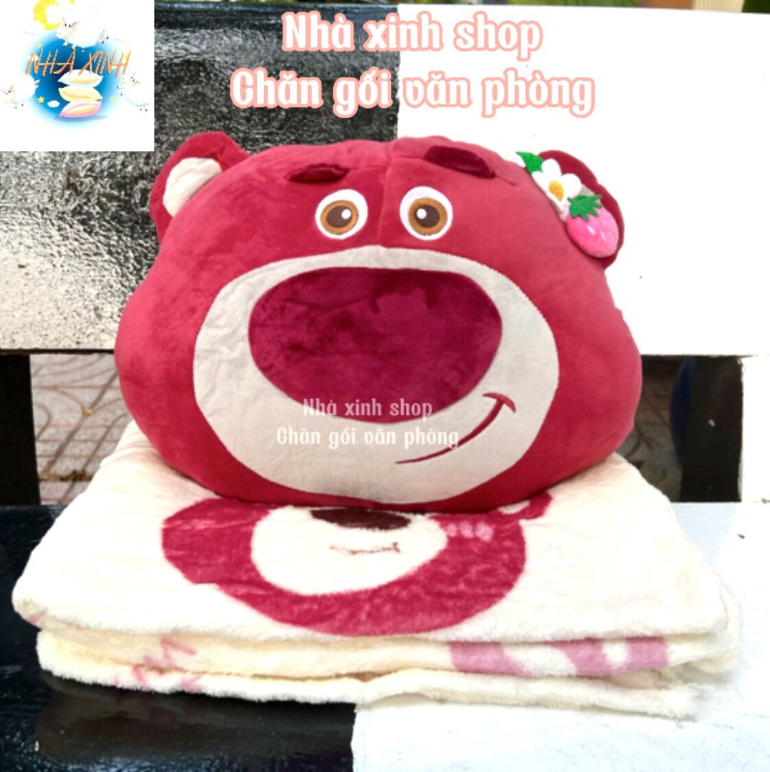 Bộ chăn gối văn phòng mặt gáu dâu tây