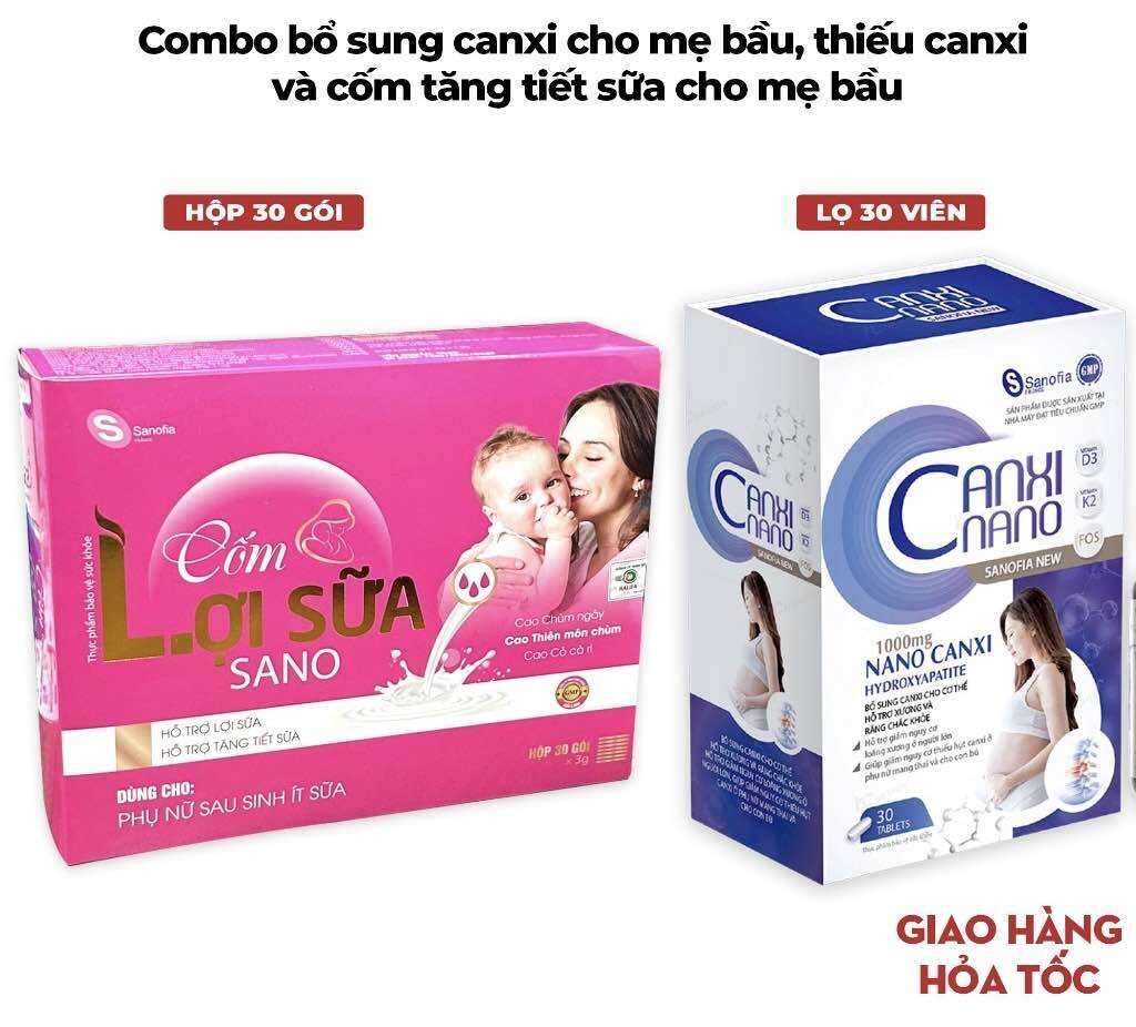 Combo cho bà bầu Canxi Nano Sanofia New Lọ 30 viên -Cốm lợi sữa SANO Hộp 30 gói Sanofia France -Giúp