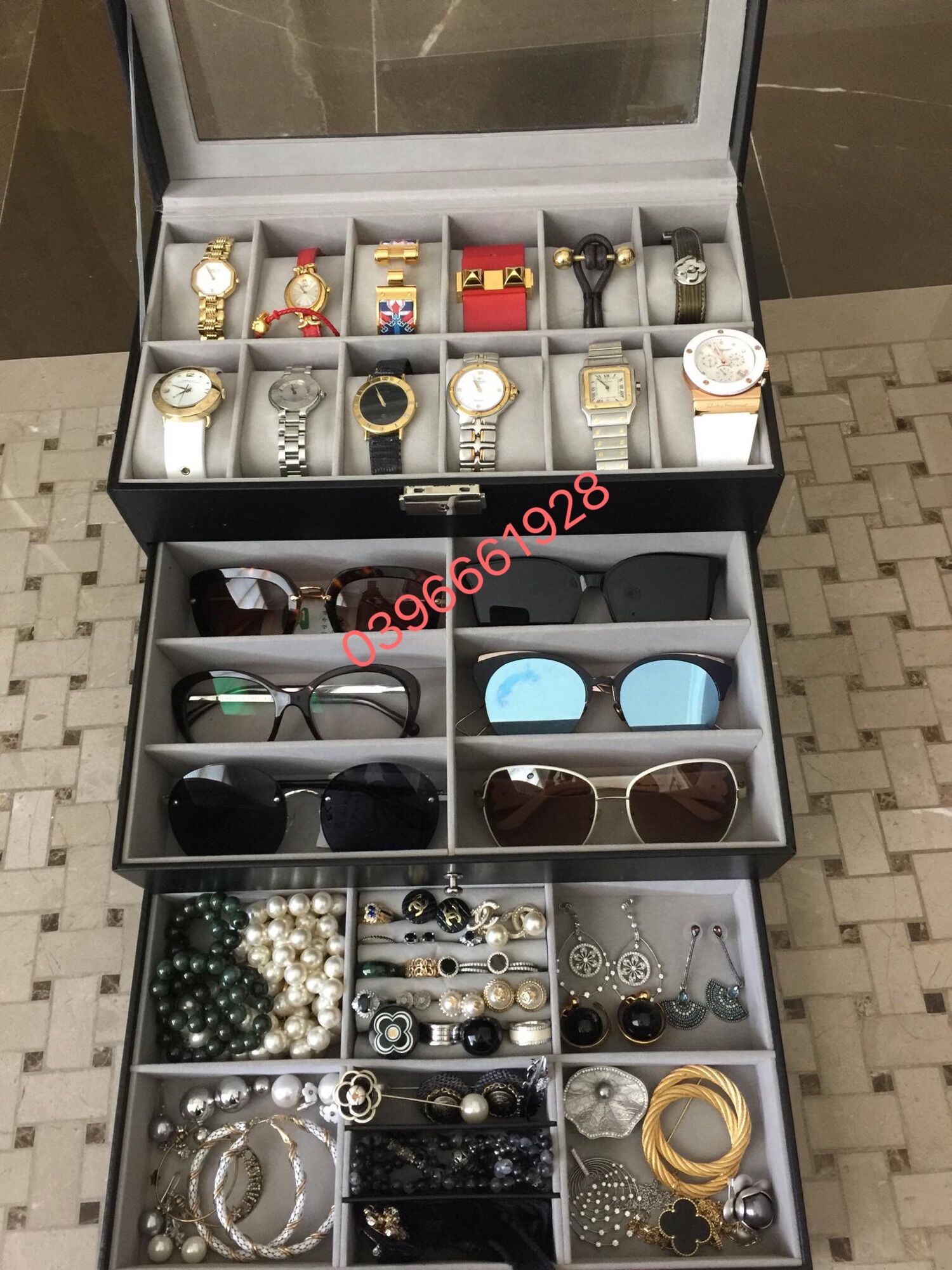 [HCM] MẪU HOT Hộp 3 tầng đựng đồng hồ kính mắt và trang sức vỏ da pu màu đen