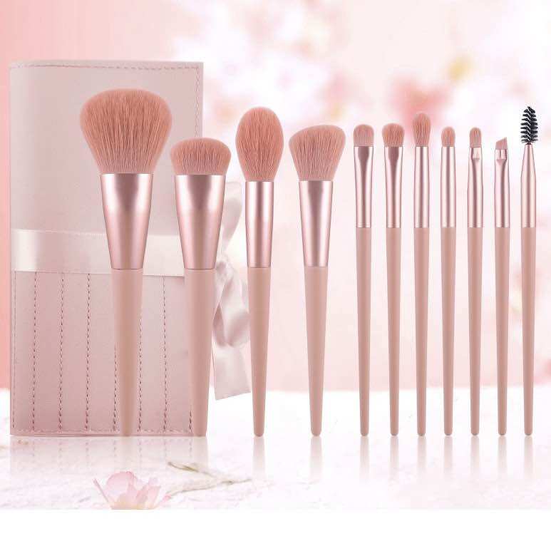 Bộ cọ trang điểm cá nhân GUVIET màu hồng đào gồm 11 cọ đi kèm túi da đựng cọ