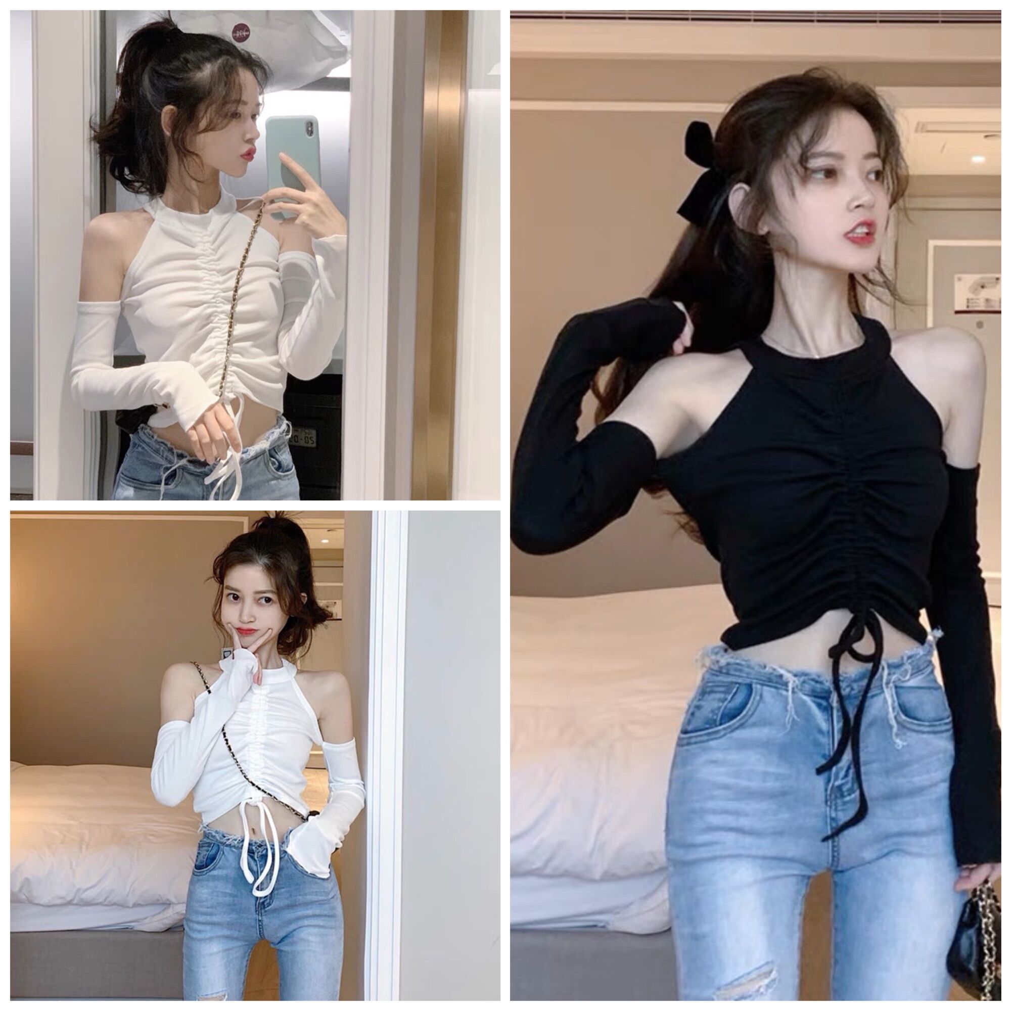 Áo kiểu thun croptop nữ cổ lọ phối hở vai tay dài rút dây tiểu thư cá tính cho nữ