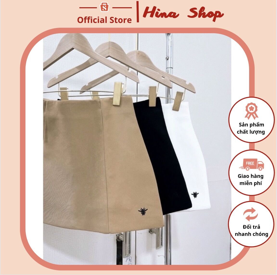 Chân váy thêu ong lưng cao vải Chéo Thái, lót trong là quần vải lụa mịn