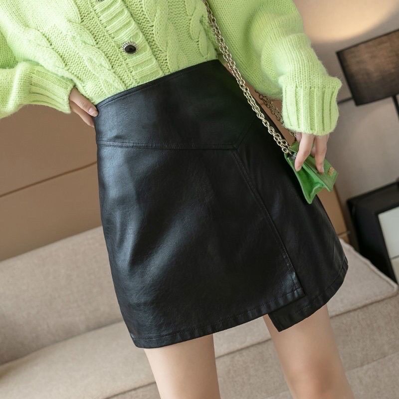 Chân váy da dáng chữ a xẻ tà lệch cạp cao nữ tep fashion