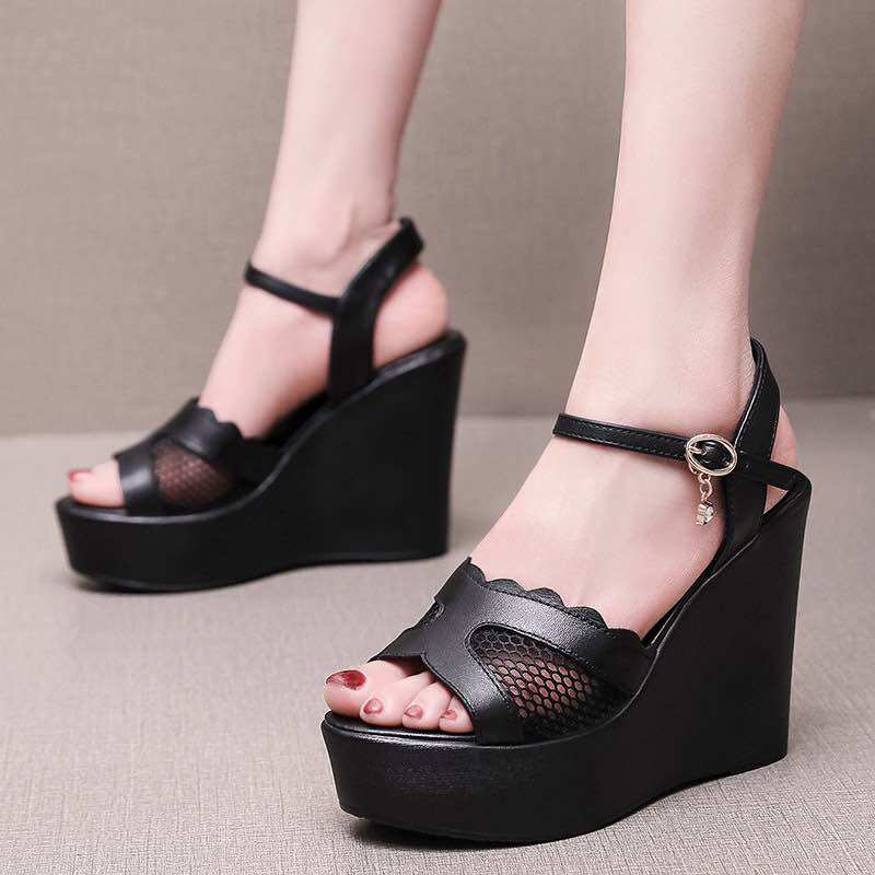 Sandal cao gót quai phối lưới