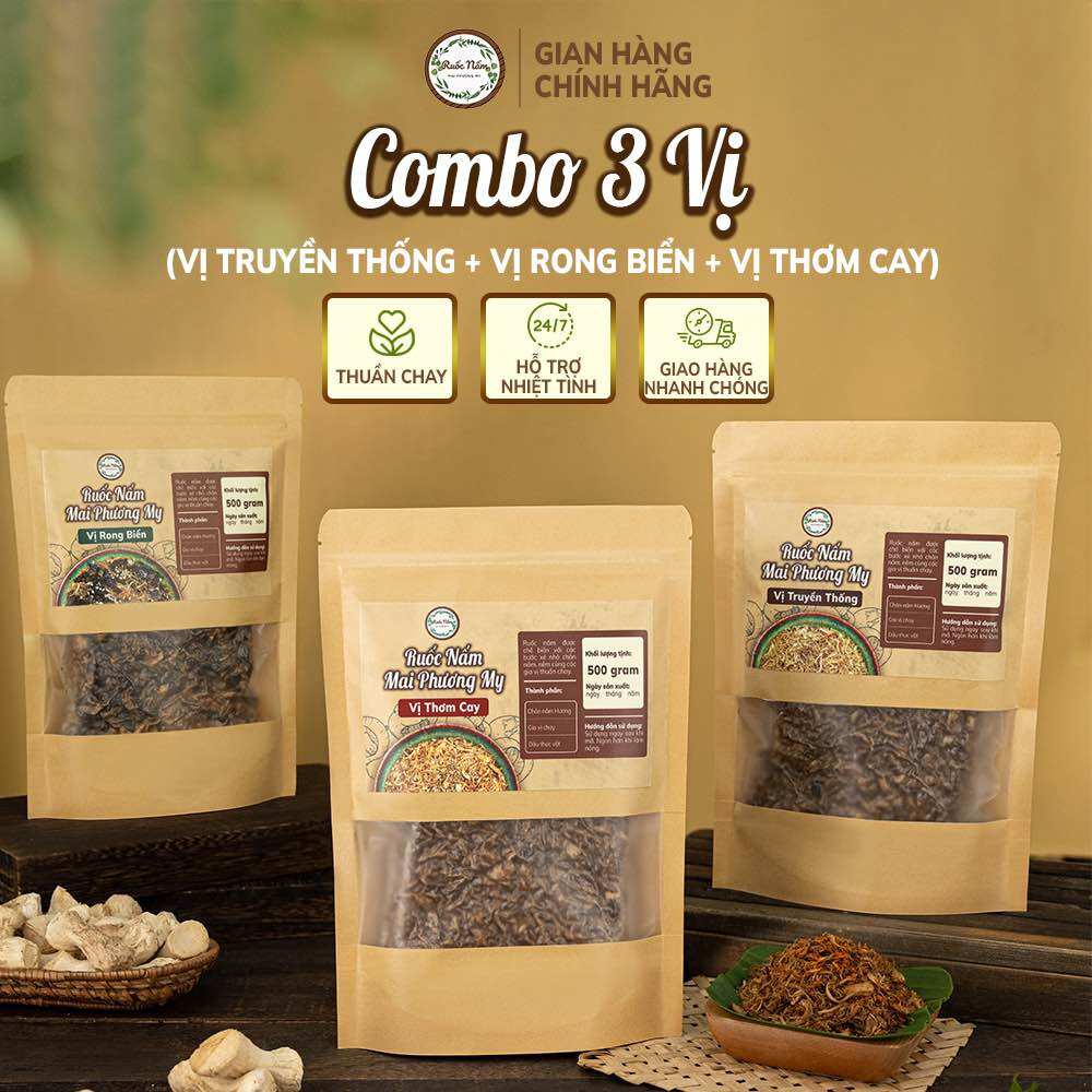 Combo ruốc nấm "tròn vị" đủ 3 vị truyền thống, thơm cay, rong biển vừng gói 500g - ruốc nấm mai phương my