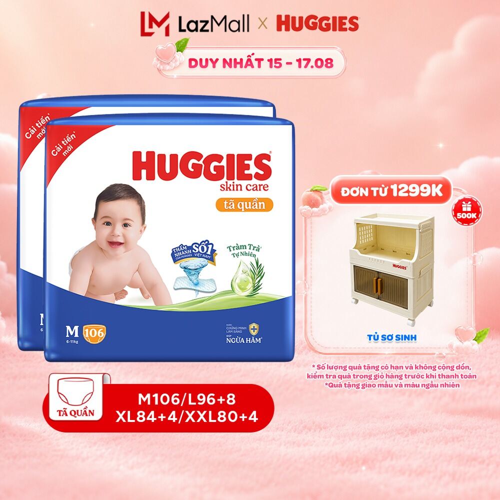 Combo 2 gói Tã/ bỉm quần Huggies Skincare Mega Jumbo M106/L100+4/XL84+4/XXL76+4 với tràm trà dịu da
