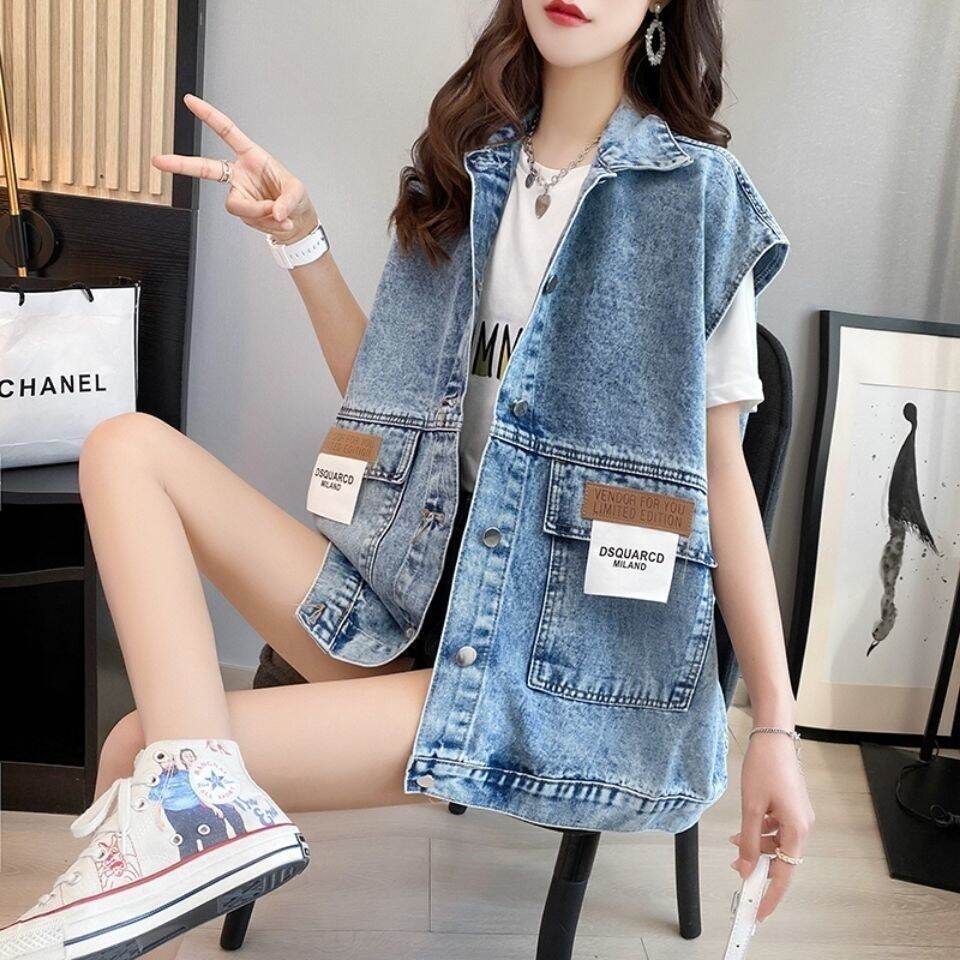 Áo Vest Denim Không Tay Dáng Rộng Đa Năng Cho Nữ Mùa Hè 2022 Áo Khoác Ngoài POLO Cổ Một Nút Cotton Thường Xuyên Có Túi
