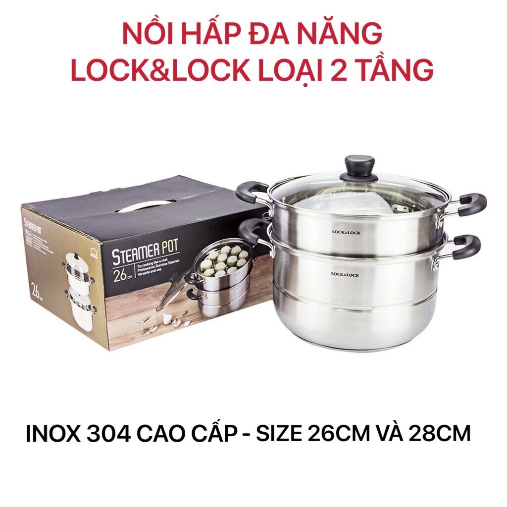 Nồi hấp đa năng Lock&Lock - inox 304 cao cấp loại 2 tầng thông minh có xửng hấp - dùng được bếp từ - 2 size