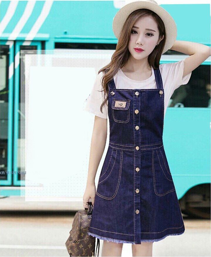 Đầm Yếm Jean Nữ Cài Nút Dọc Phối Túi