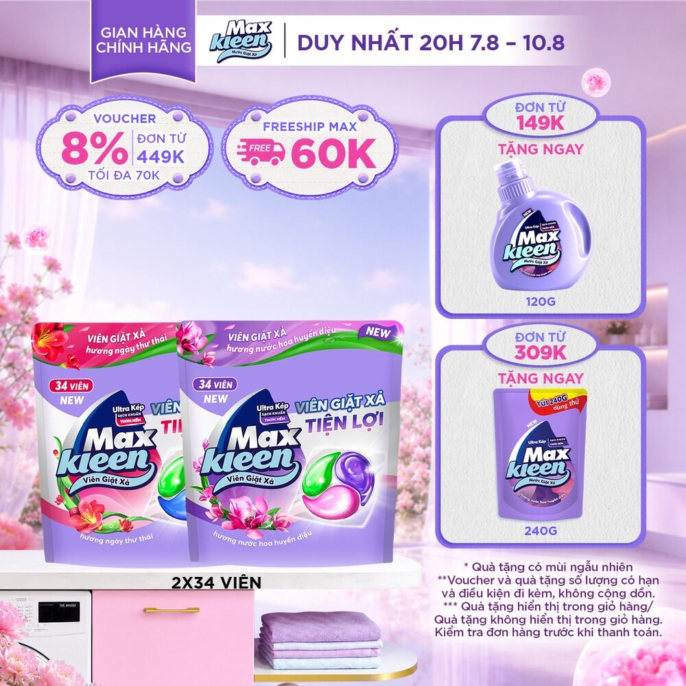 Combo 2 Túi Viên Giặt Xả MaxKleen Hương Huyền Diệu + Hương Ngày Thư Thái (34 viên/túi)