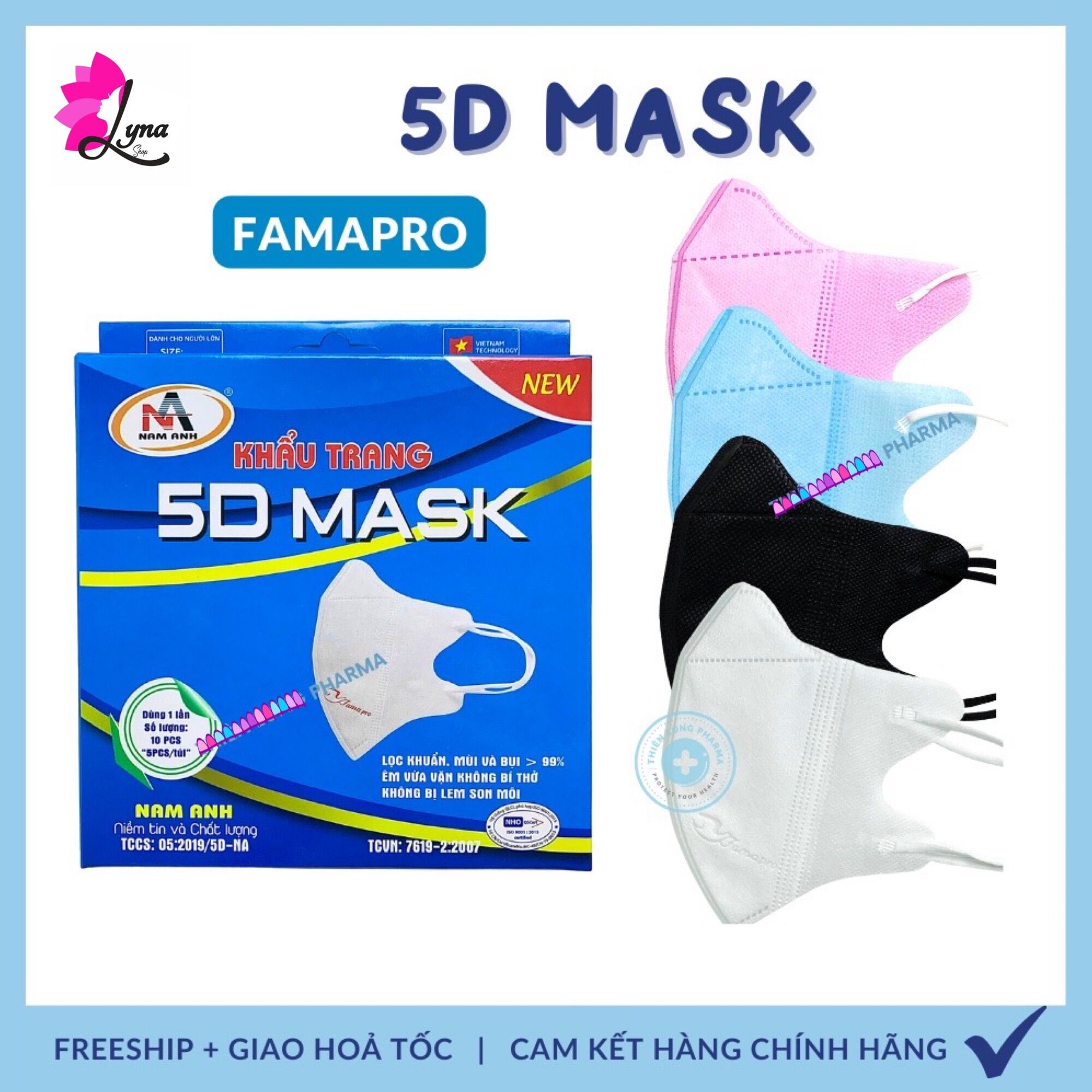 Combo 100 cái Khẩu trang 5D mask FAMAPRO quai thun khẩu trang y tế kháng
