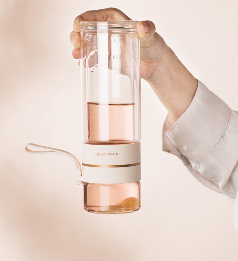 Bình pha trà úp ngược thủy tinh borosilicate 2 lớp cách nhiệt có lõi lọc inox 304, quai xách silicon 400ml