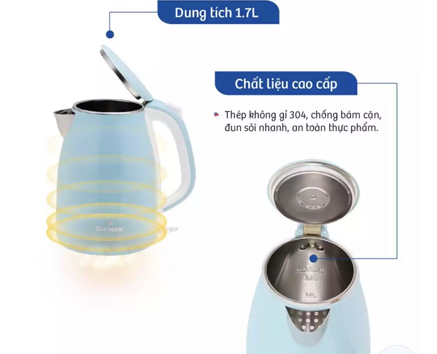 Ấm Đun Siêu Tốc Bluestone KTB-3458 ( 1.7 lít ) 2000W [ sôi nhanh - giữ nhiệt tốt - chất liệu an toàn ] - hàng chính hãng