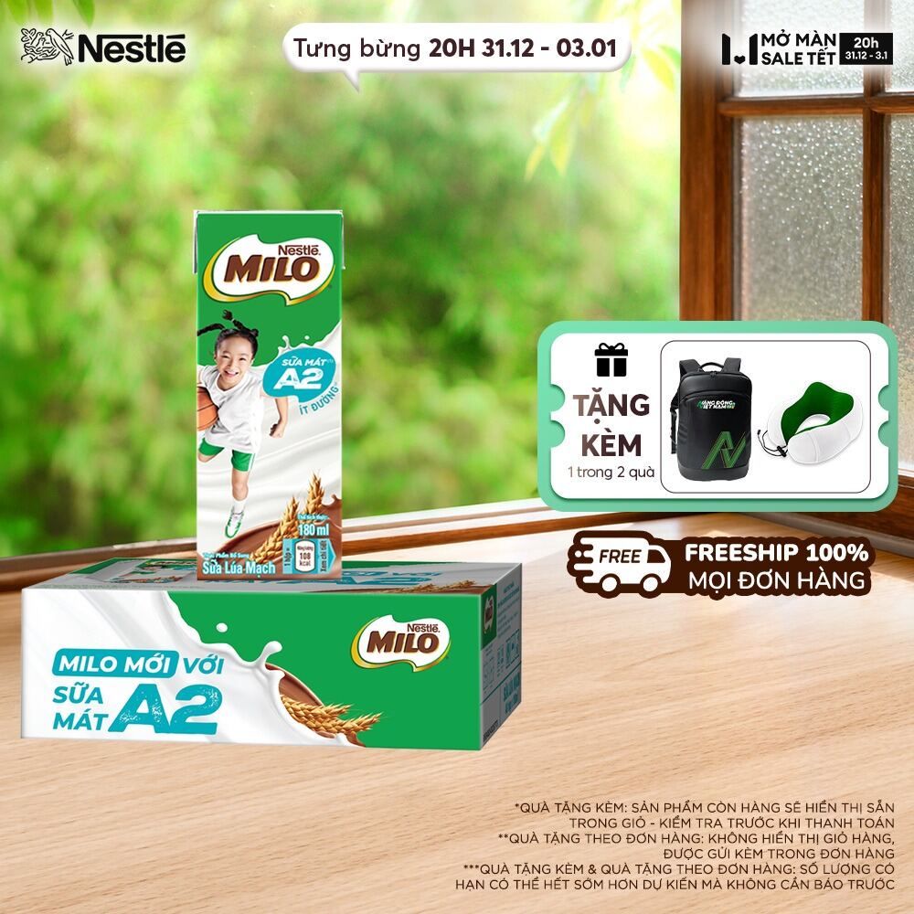   ƯU ĐÃI THÁNG 1   Giao hàng toàn quốc  Thùng Sữa Lúa Mạch Nestle MILO A2 MỚI 48 hộp  4x180ml  