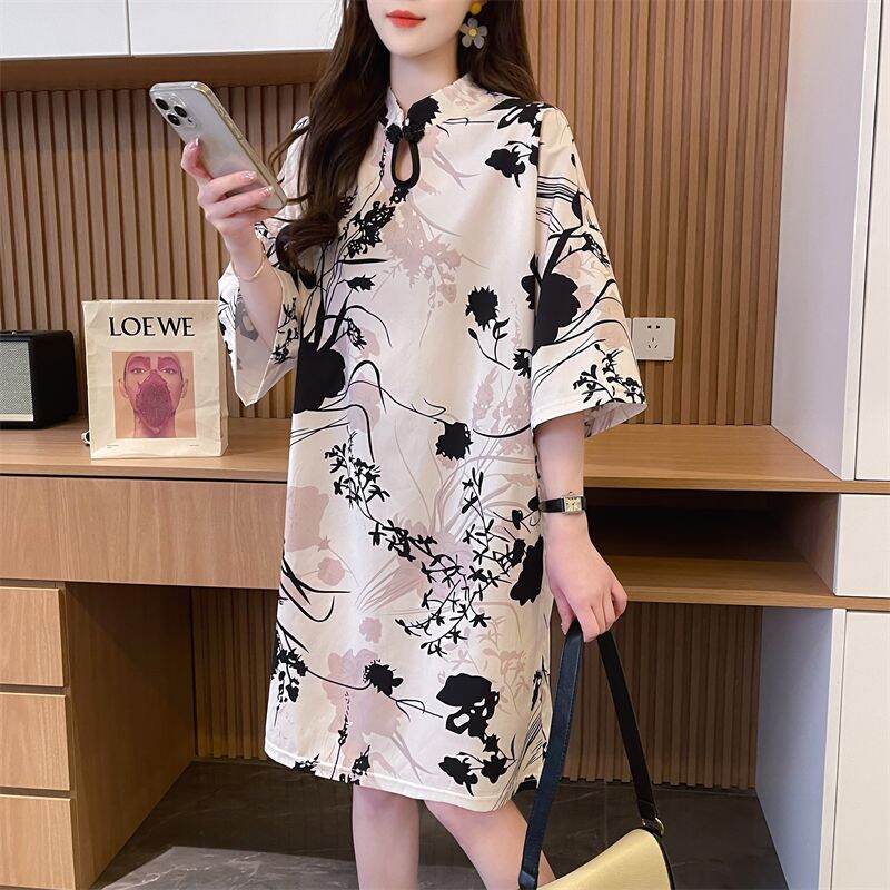 Váy Sơ Mi Phong Cách Trung Hoa Mới Cho Nữ Mùa Xuân Hè Thiết Kế Hoa Nhỏ Váy Ngắn Cải Tiến Hanfu Cổ Tròn Tay Bồng