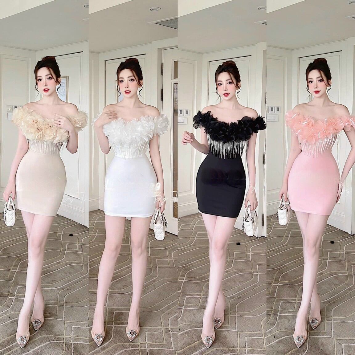 Đầm body dún hoa trễ vai