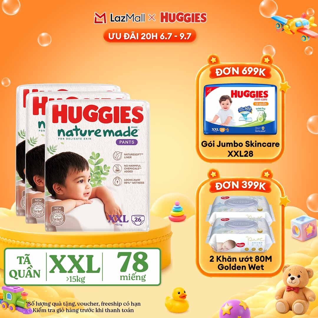 [CHỈ 10-14/7 QUÀ TẶNG ĐƠN 399K](Mua 1 tặng 1)  Combo 3 Tã/Bỉm quần HUGGIES PLATINUM NatureMade XXL26 (Trên 15kg)-Gói Jumbo 26 miếng