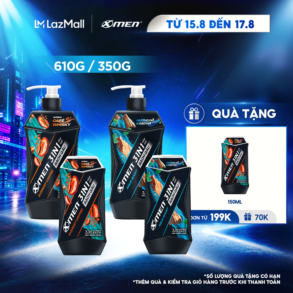 [MỚI][COMBO MUA 1 TẶNG 1] Tắm Gội Sạch Gàu 3in1 Xmen Everest Coffee  Aqua Sport 610g + Tặng 3in1 Everest Coffee 150g