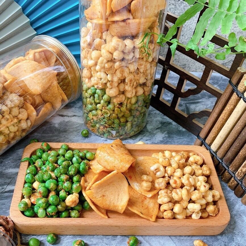 MIX 3 VỊ HŨ 450G - Đậu Hà Lan mix tai heo mặn và bắp tỏi ớt hủ pet ăn vặt đầy ú ụ