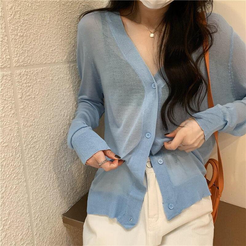 Áo Cardigan Chống Nắng Cổ Chữ V Màu Đen Áo Dệt Kim Vải Viscose Choàng Vai Phối Bên Ngoài Mẫu Mỏng Mùa Hè Dài Tay Cho Nữ Áo Khoác Đầu Xuân Tôn Dáng Gầy