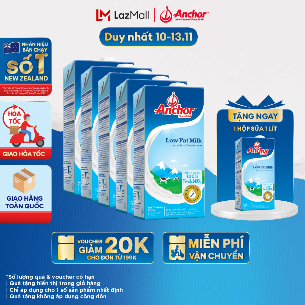 [GIAO HÀNG HỎA TỐC - HCM] Combo 5 Sữa Tươi Tiệt Trùng Anchor Ít Béo Hộp 1 Lít