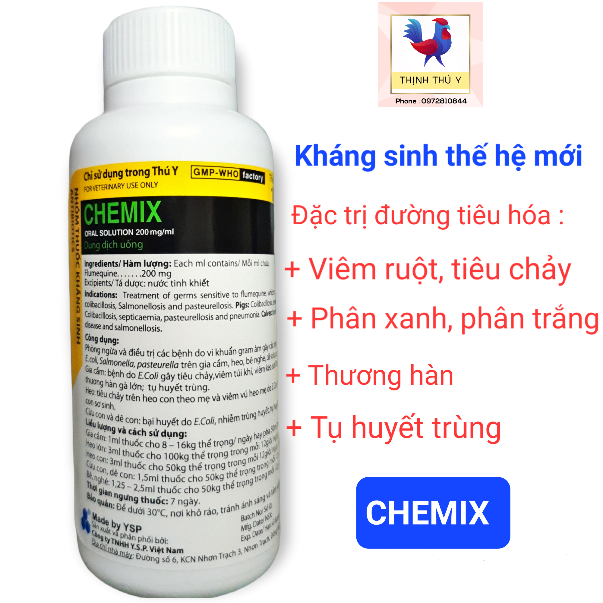 YSP CHEMIX (Flumequin 100ml) - Dung dịch uống đặc tr.i đường tiêu hóa : phân xanh, phân trắng, phân nhớt, viêm ruột tiêu chảy cho gà đá, vịt