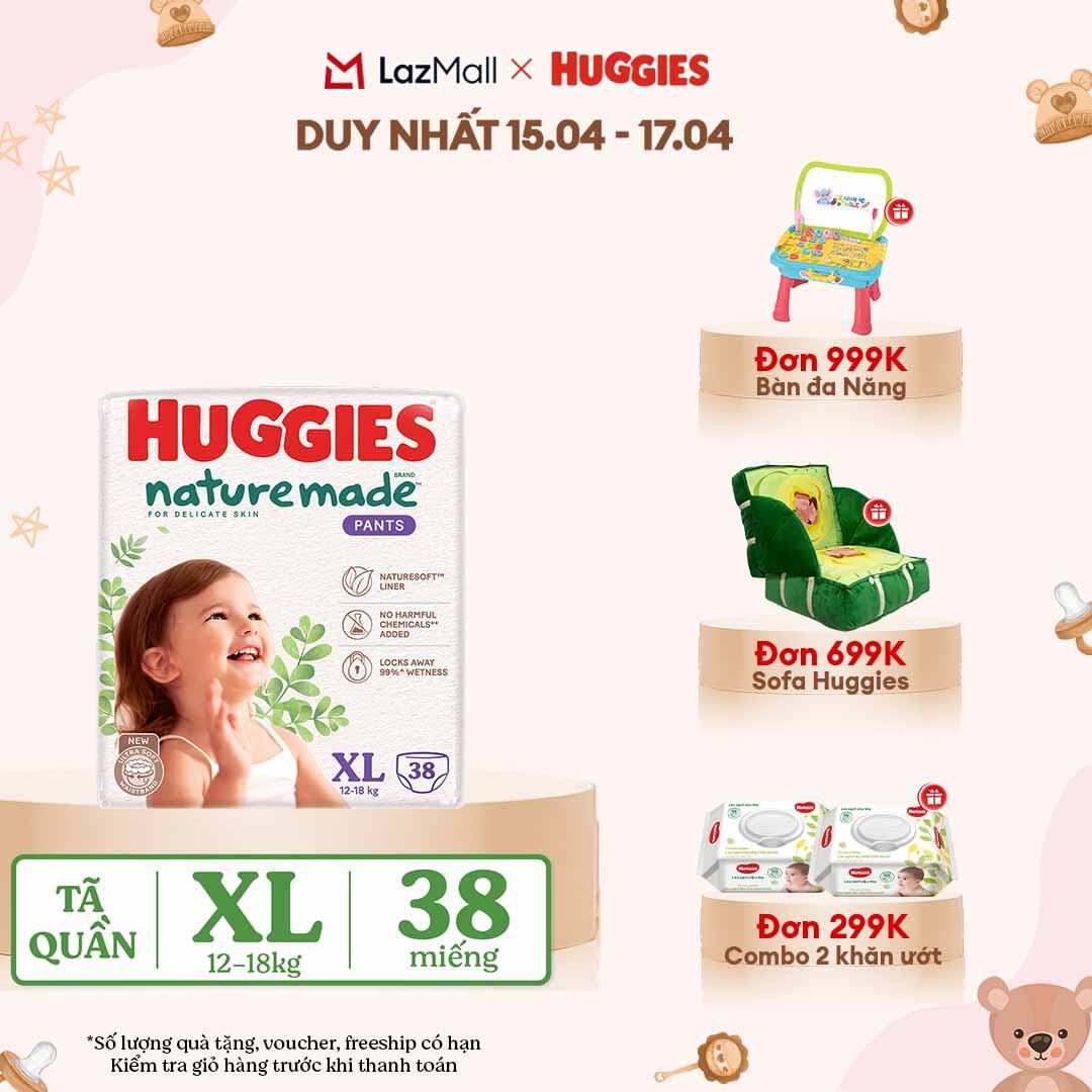 [CHỈ 18-24.04 QUÀ TẶNG ĐƠN 399K](Mua 1 tặng 1) Tã/Bỉm quần HUGGIES PLATINUM NatureMade XL38 (12-18kg)-Gói Jumbo 38 miếng