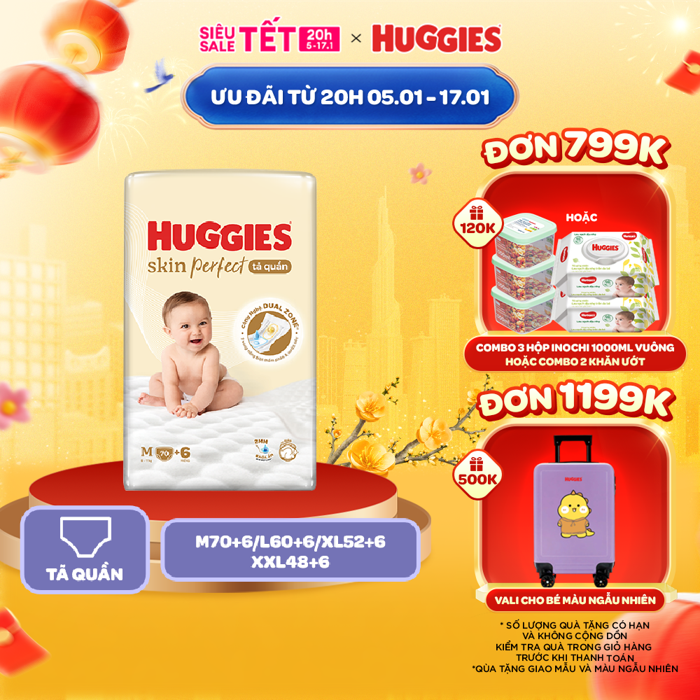 Tã/ Bỉm Quần Huggies Skin Perfect M/L/XL/XXL Super Jumbo Với 2 Vùng Thấm Giảm Kích Ứng Da