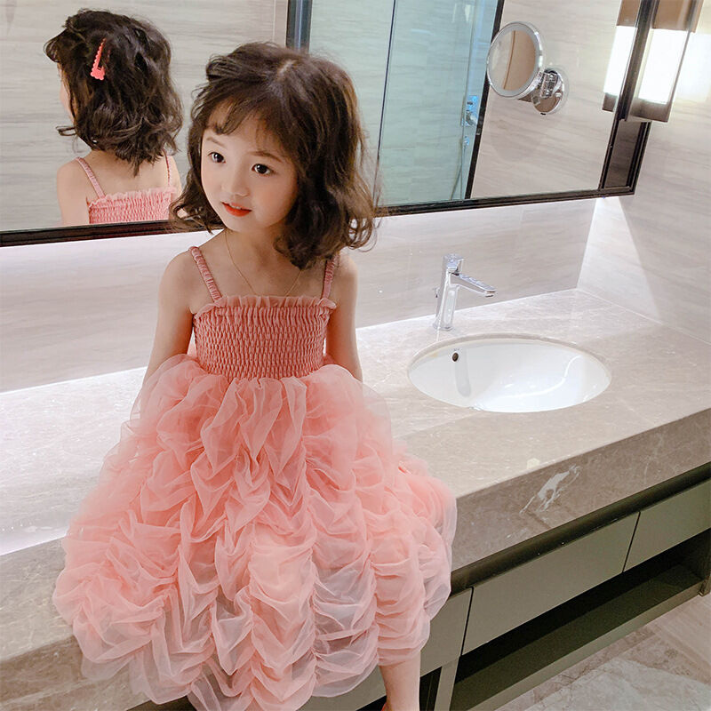 Váy liền tutu bé gái váy voan lưới bé gái mùa hè váy công chúa màu hồng lễ phục váy bồng váy hai dây trẻ em