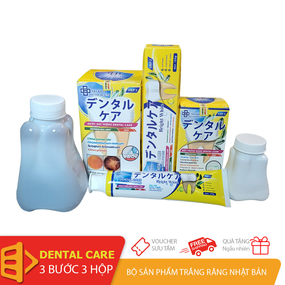 Bộ 3 bước 3 sản phẩm nước xúc miệng secrum và bột trắng răng Nhật Bản Dental Care